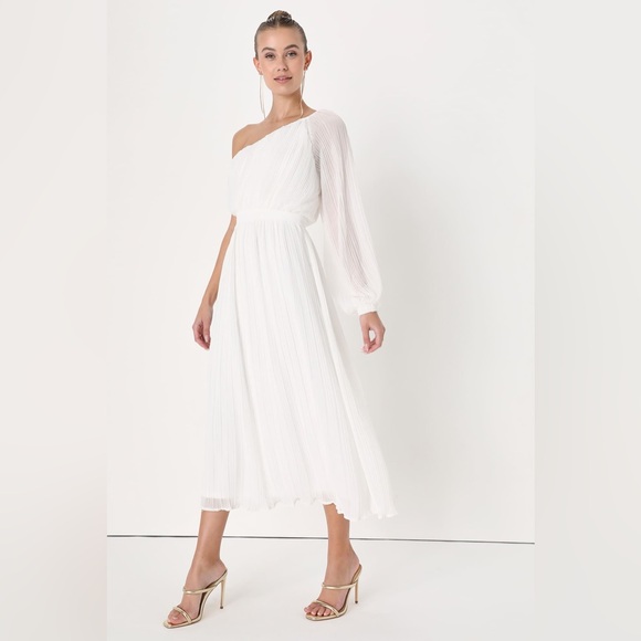 Lulus Dresses & Skirts - NWT Lulu’s Always Loving You White Pleated One-Shoulder Midi‎ Dress